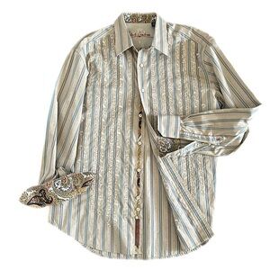 Robert Graham Casual Stripe Embroidered Shirt w/ Flip Cuffs Men's Size XL